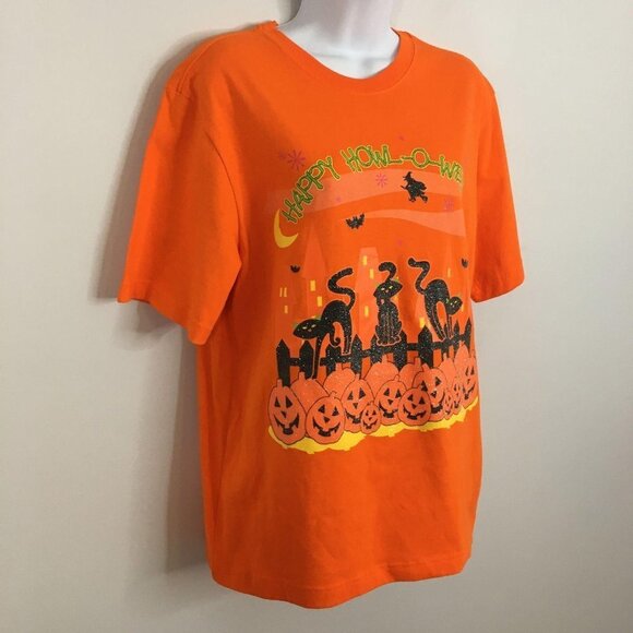 Halloween Top Womens L Orange Black Glitter Black Cat Graphic Fall Pumpkin Shirt - Picture 2 of 11